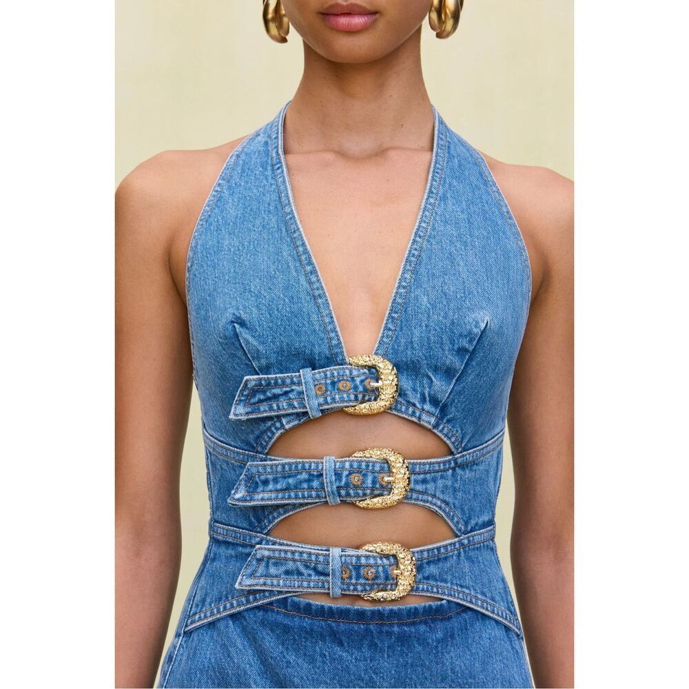 Commense Denim Halter Buckle Mini Dress Women’s Medium 4-6 Casual Chic - Picture 3 of 6